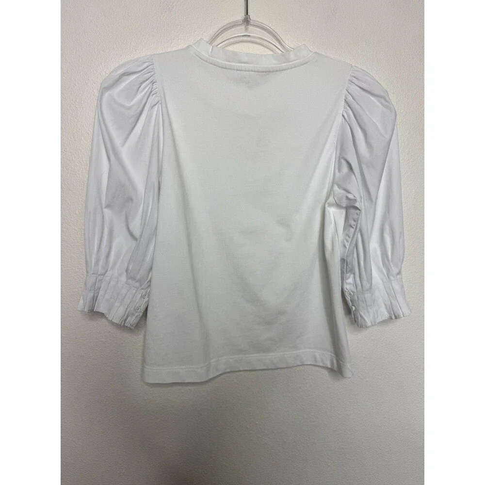 Madewell XXS Puff Half Sleeve Knit Top White Cotton Poplin Pleated Crewneck NWT